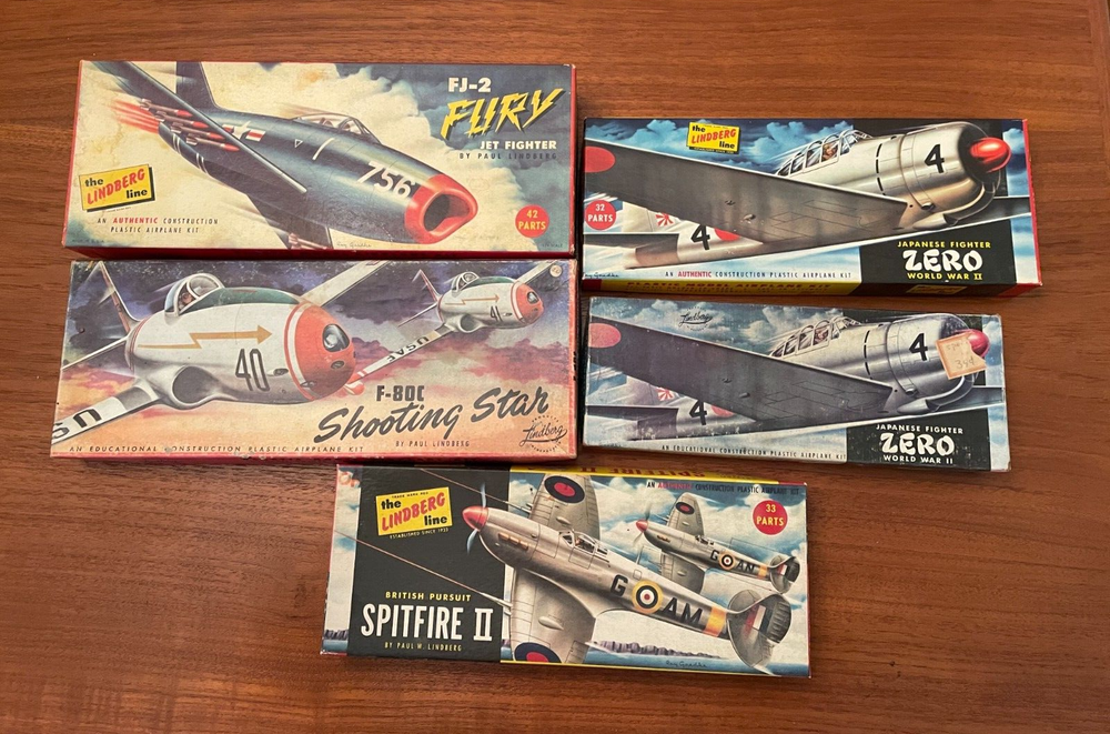 5 Lindberg models FJ-2 Fury F-80C Shooting Star Spitfire II Zero World War II