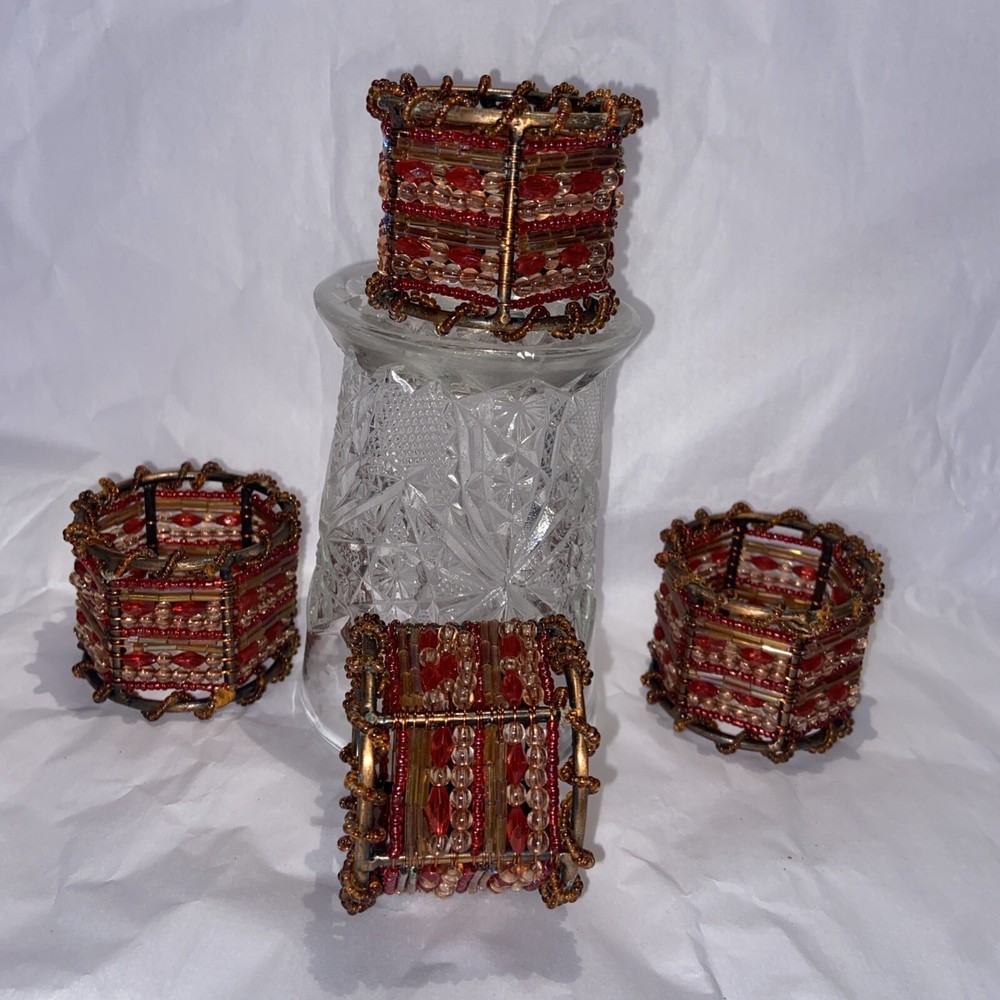 Moroccan Napkin Rings Beaded Red Gold Tones Set of 4. Pier 1 Host Gift Party