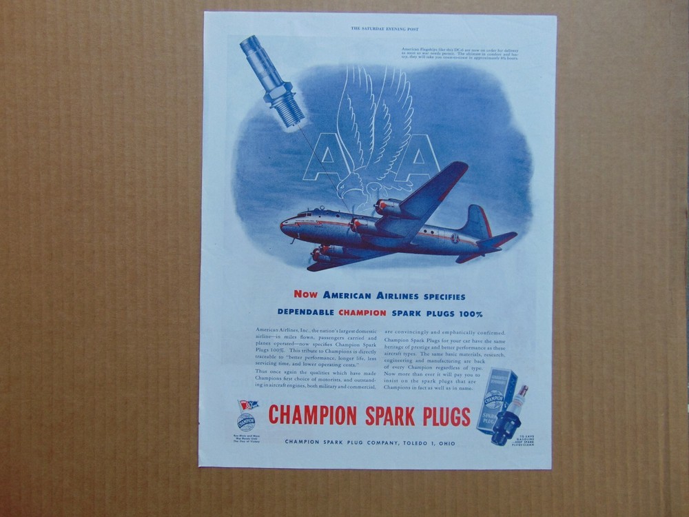 1945 AMERICAN AIRLINES PLANE Use Champion Spark Plugs  art print ad