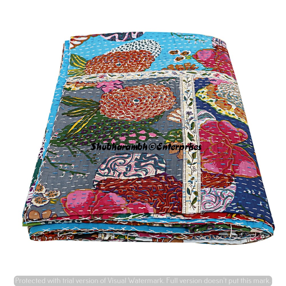 Patchwork Floral Kantha Quilt Queen Size Throw Bedding Boho Stitched Coverlet