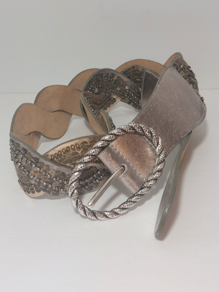 Statement Belt Metallic Silver Gold Braided Leather Sequins xl 38 40 Boho