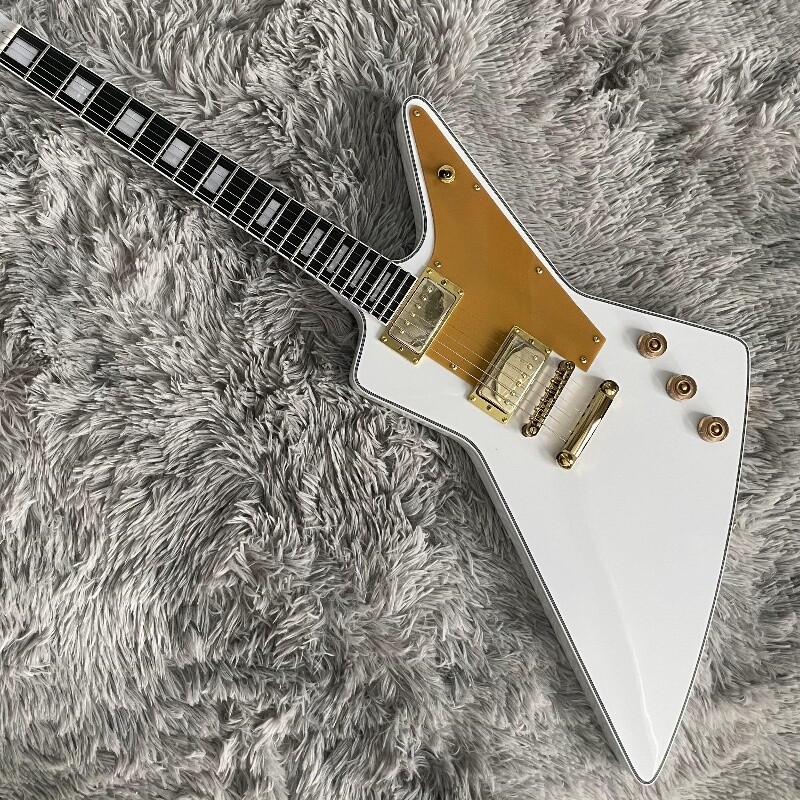 Electric Guitar White Explorer HH Pickups Gold Hardware Metallic Gold Pick Guard