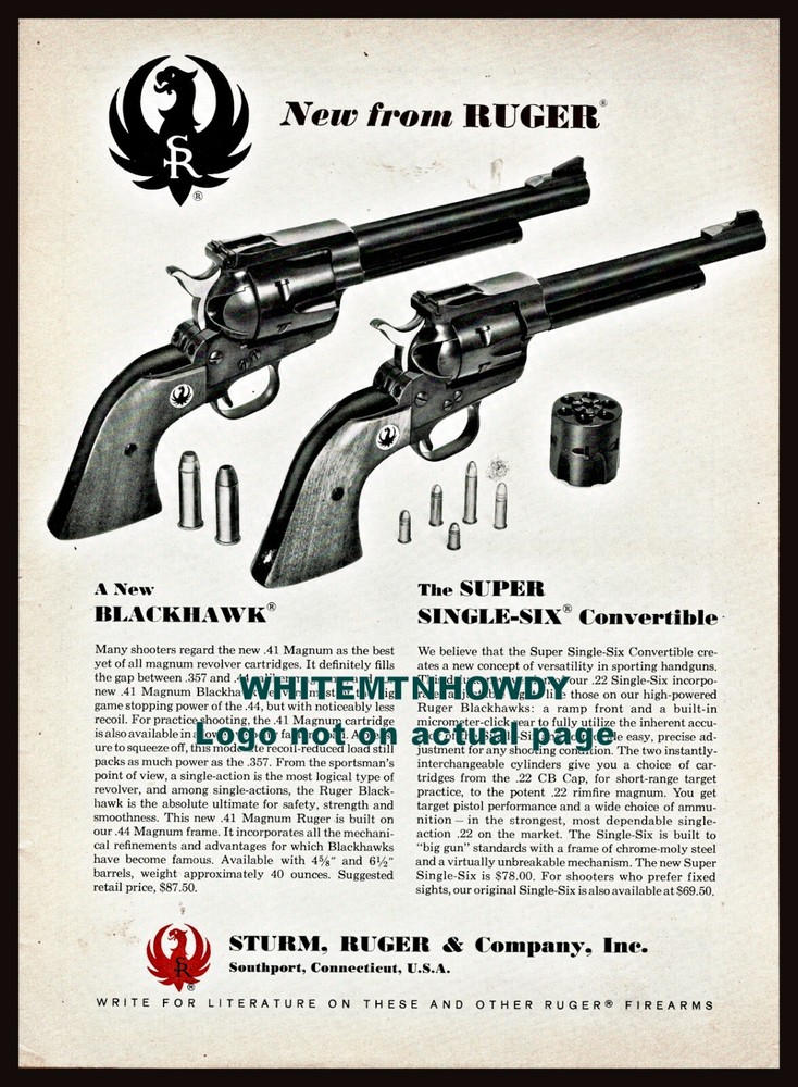 1965 RUGER Blackhawk & Super Single-Six Convertible Revolver PRINT AD