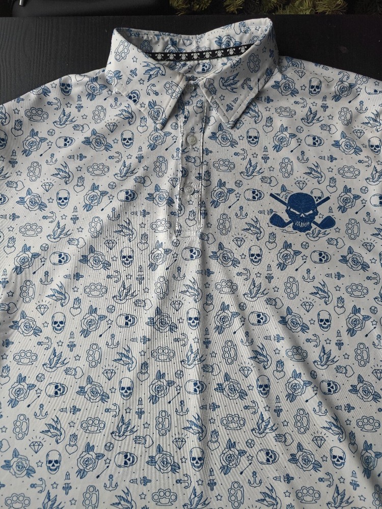 Tattoo Golf Shirt Mens Large All Over Print Skull Flash Series Performance Polo