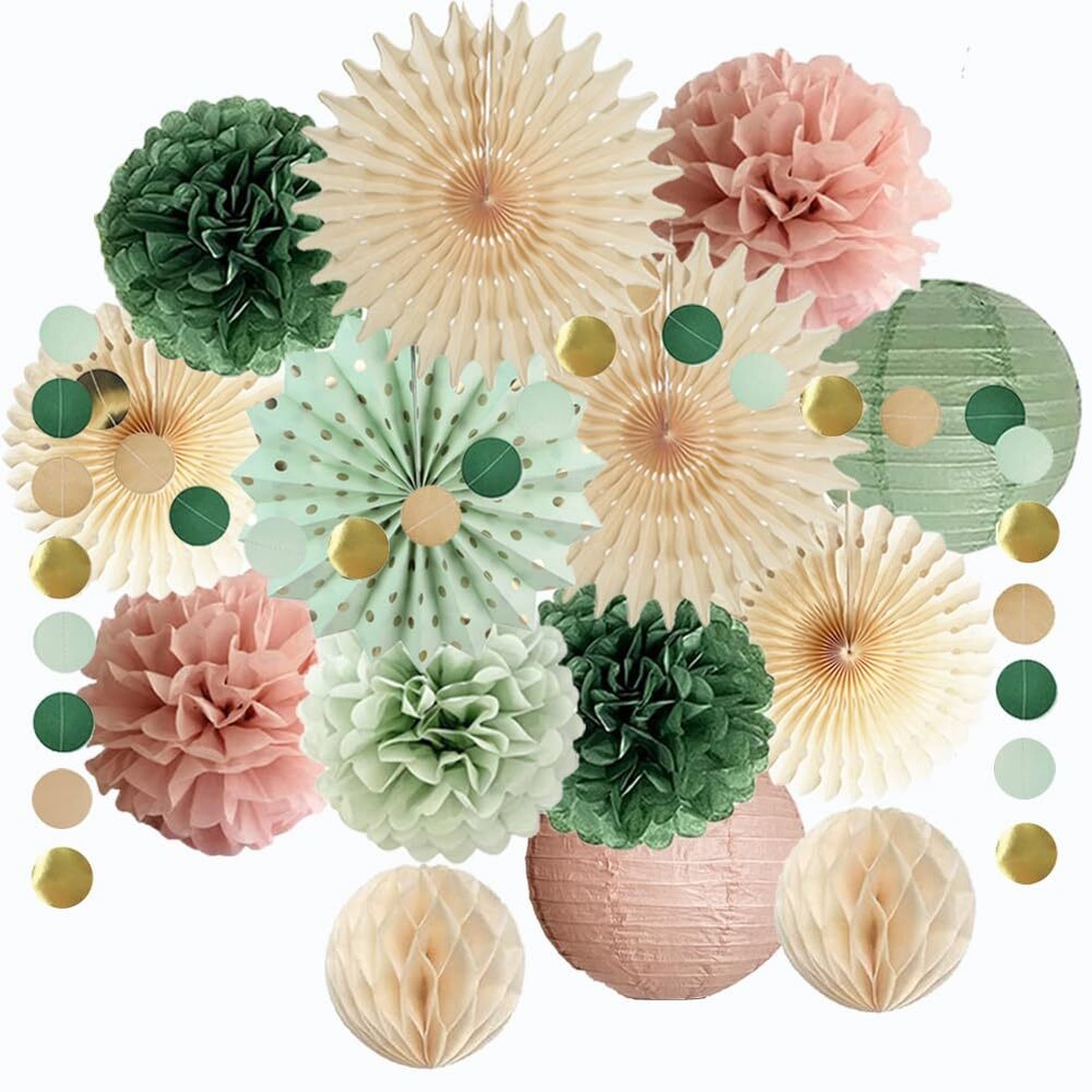 Dusty Rose Sage Green Party Decor Olive Paper Pom Poms