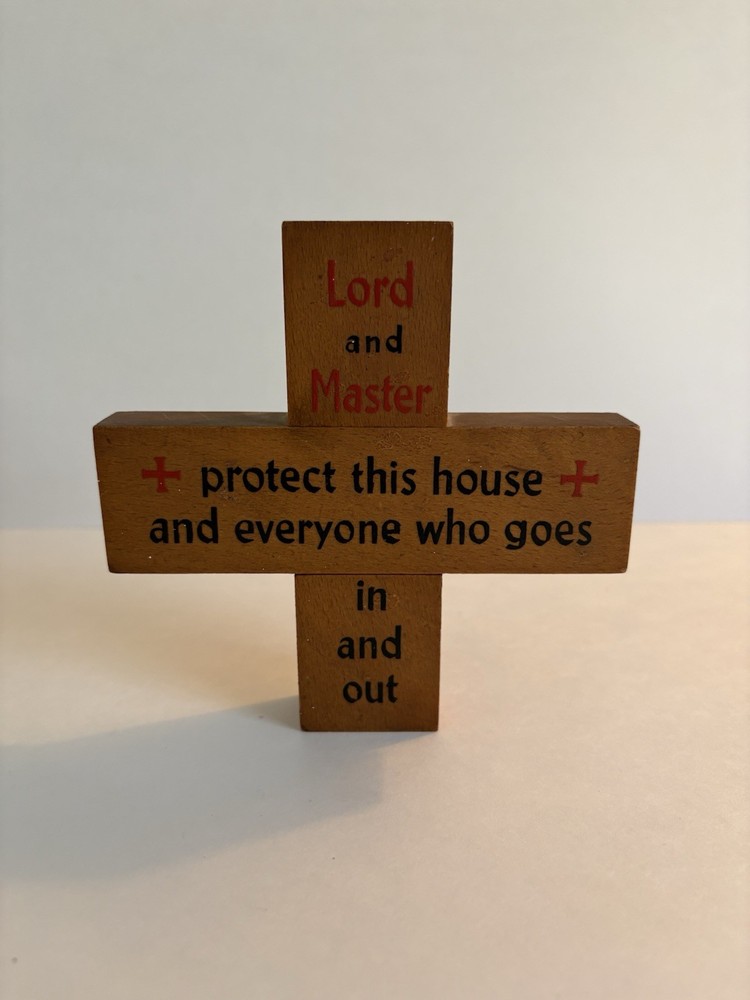 Vintage Old Wood Wall Cross Lord & Master Protect This House Germany Stamp