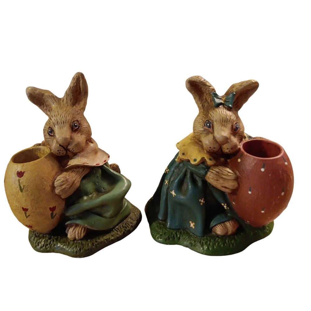 Easter Bunny Rabbit Country Cottage 2 Tabletop Vtg Candlestick Figurines 4