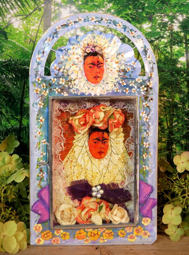 Tin Retablo Frida Kahlo in Lace Headdress Handmade Hand Painted Mexican Folk Art
