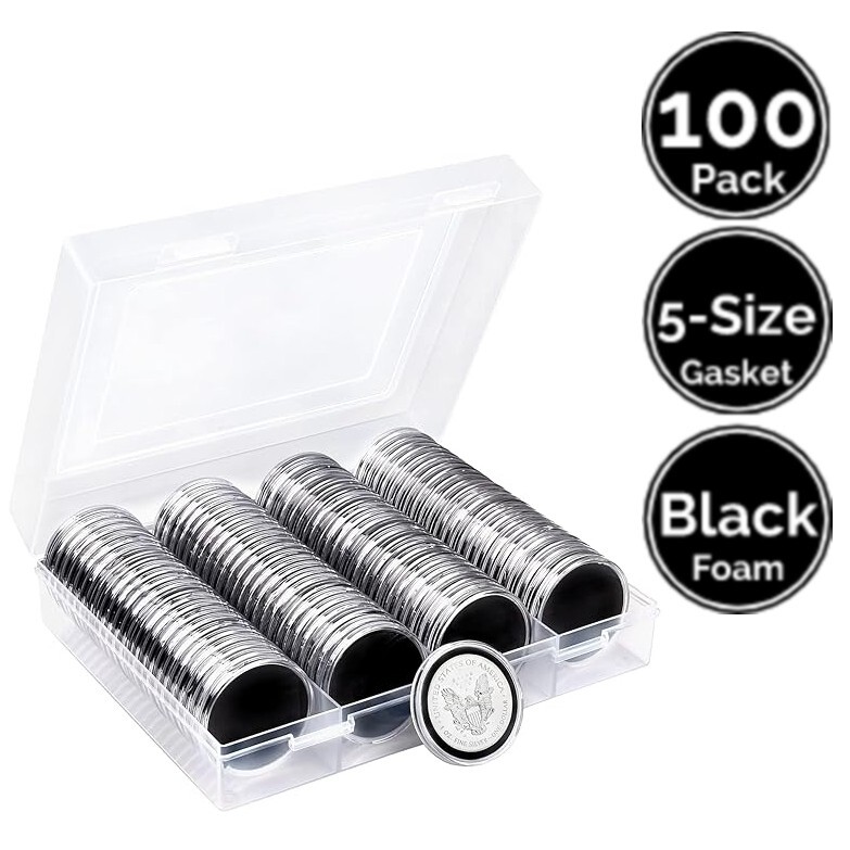 100 Pk 46 mm Coin Capsule Holders w/ 21/26/31/36/40.6 Gasket 4 US Nickel 2 Eagle