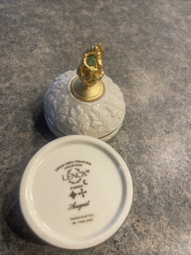 Lenox August Birthstone Trinket Box Round Peridot Green Stone Lid Vintage Glass