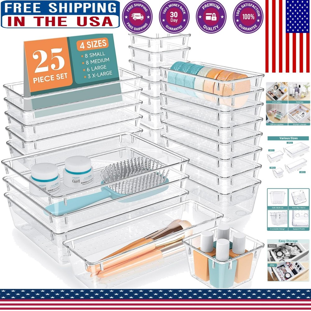 Durable Stackable 25-Piece Clear Drawer Organizers – Ideal for Home & Office