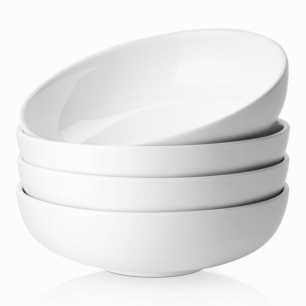 8.5-Inch Deep Pasta and Salad Bowls - Set of 4 White Elegant Porcelain 47oz