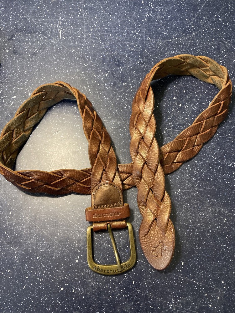 Abercrombie Women’s Light Brown Braided Woven Leather Belt Moose Logos Sz L/XL-image