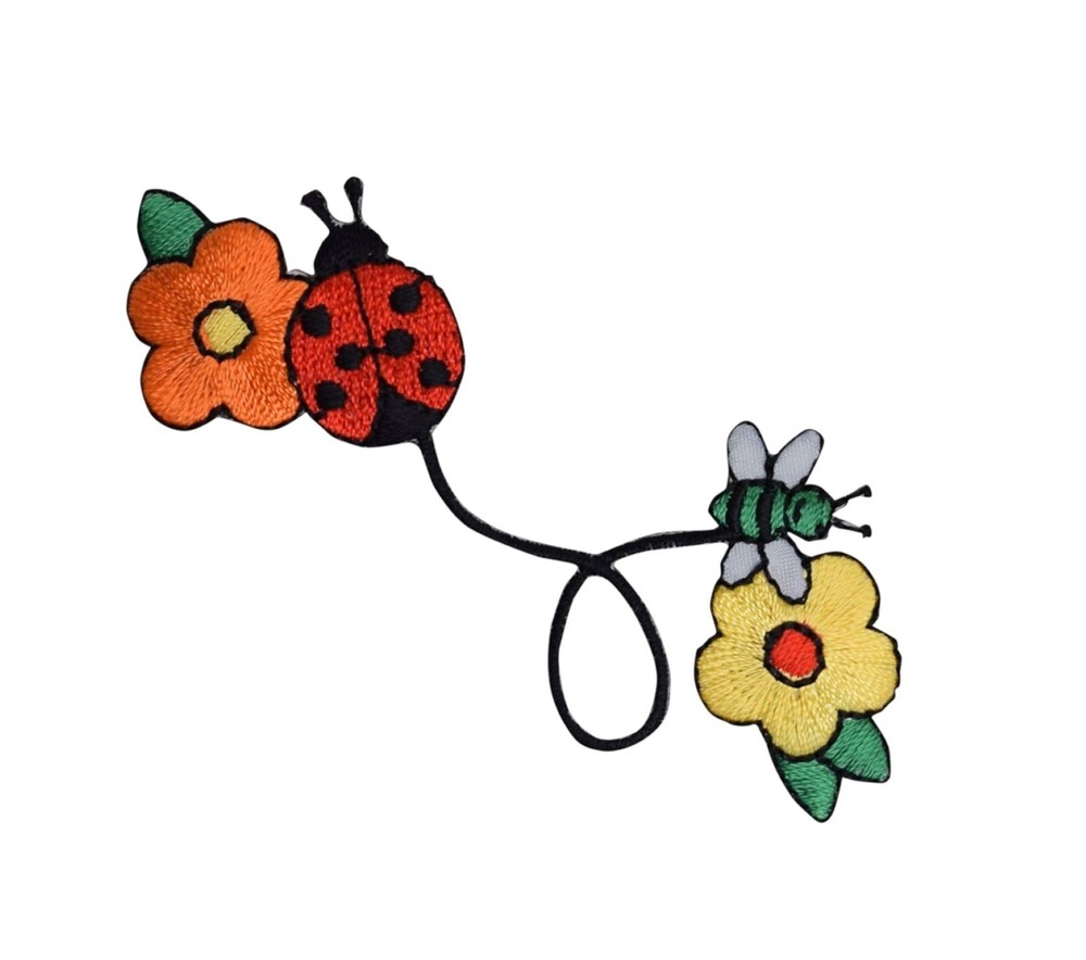 Adorable embroidered iron-on ladybug with bee and daisy flowers patch-image