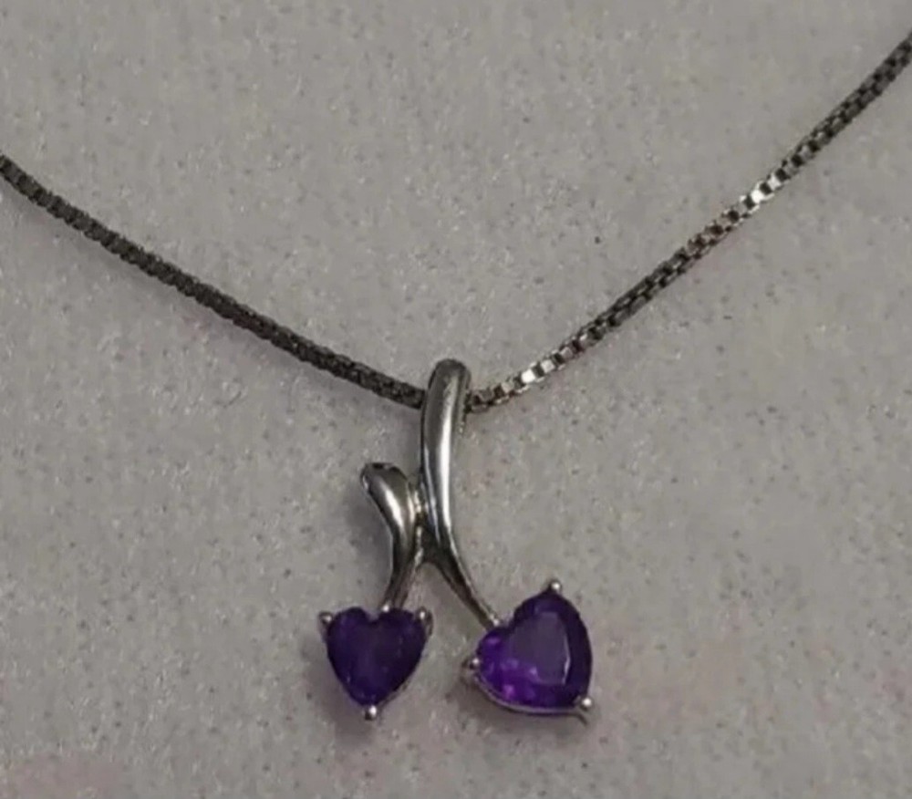 Amethyst Hearts necklace with silver chain 18