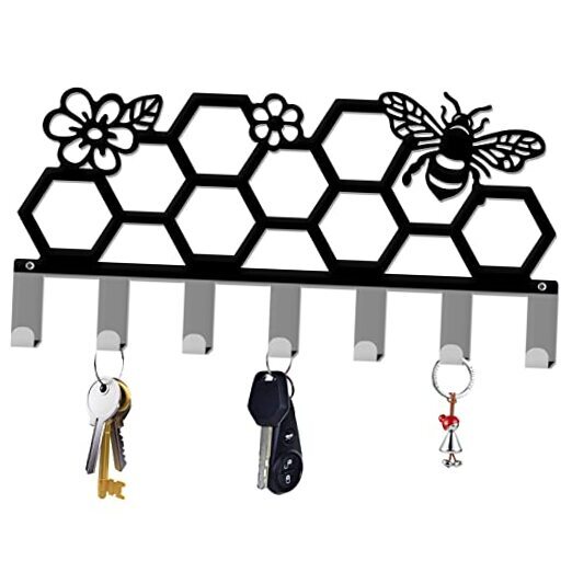 Porta llaves para pared patrón de colmena y abejas pared abejas gancho para llaves con 7 ganchos-image