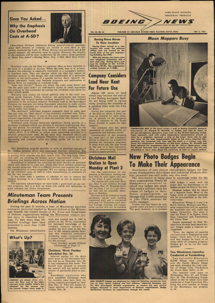 BOEING NEWS 12/5 1963 Col Chuck Yeager; SAC Minuteman; Moon Map; Cheyenne WY