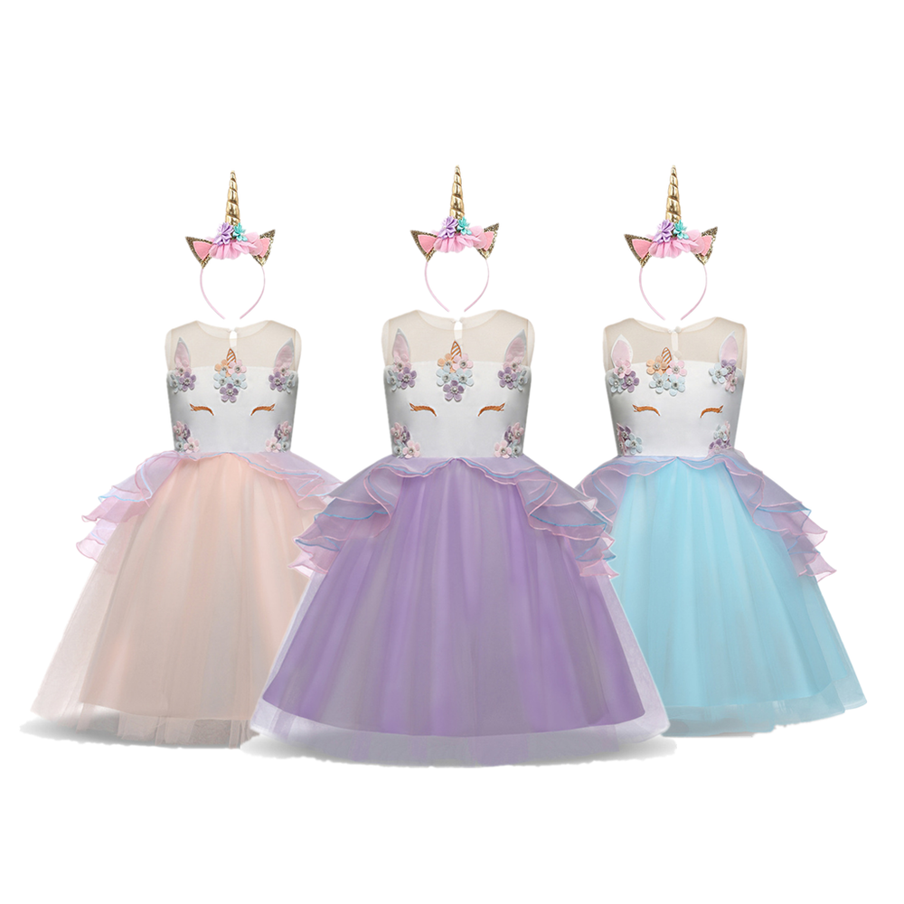 DH Girls Unicorn Princess Costume Pageant Party Birthday Dress with Headband