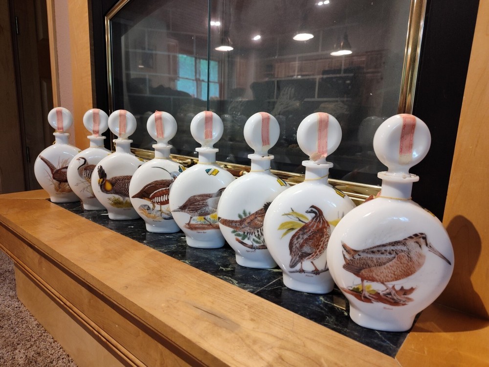 1969 J.W. Dant Field Birds Whiskey Decanter Set - 8 Bottles With Original Boxes