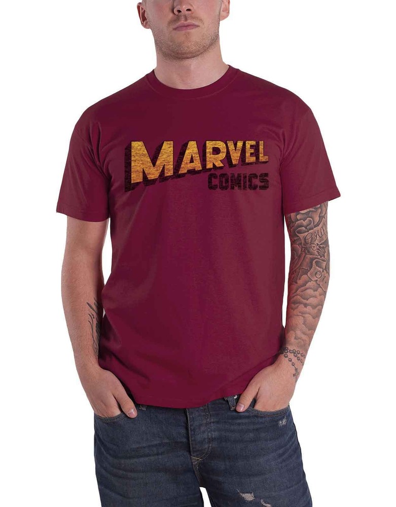 Official Marvel Comics Warped Logo Maroon Red T-Shirt for Men