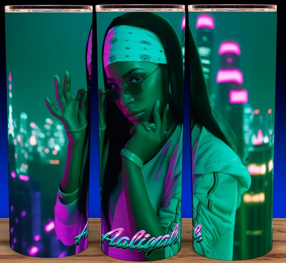 Aaliyah - R&B Singer - Neon Style Cup Mug Tumbler 20oz with lid and straw-image
