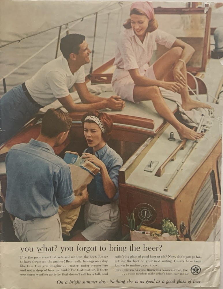 1961 US Brewers Association PRINT AD Couples Yacht VTG 1960s Forgot Bring Beer?