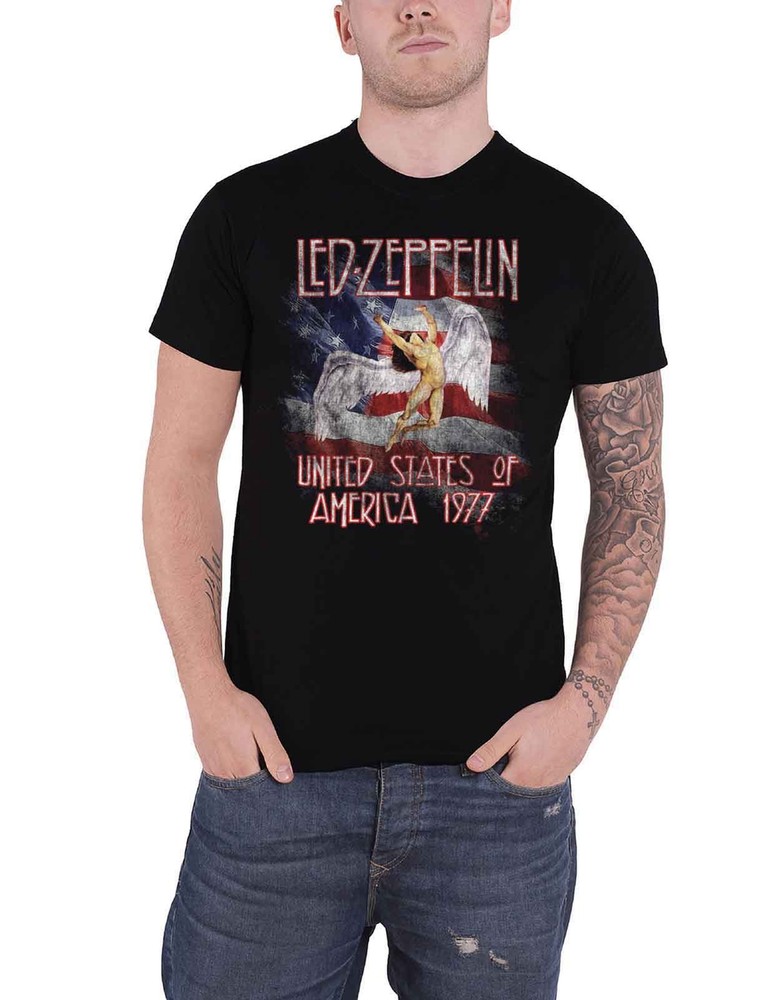 Official Led Zeppelin Stars N Stripes USA 77 Band Logo T-Shirt for Men in Black