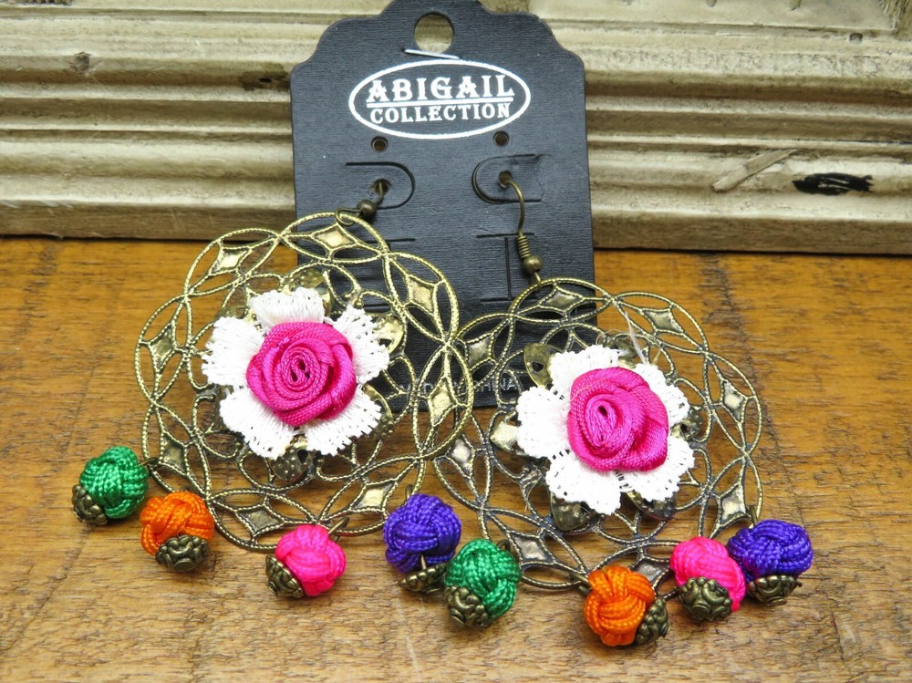 Abigail Collection Long Chunky Multi-Color Dangle Rose Antique Gold Earrings A54-image