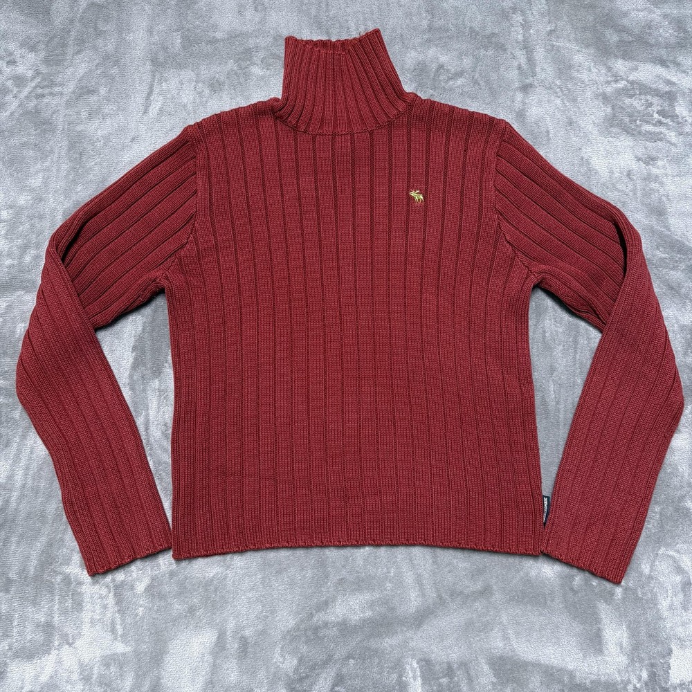 Abercrombie & Fitch Sweater Womens L Red Ribbed Turtleneck Moose Logo vtg y2k-image