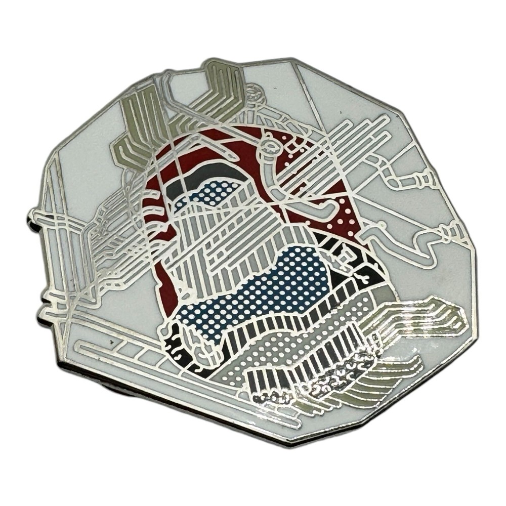 Abstract Line Art Design Pin - Red, Blue, and White Accents, 1.25 Inch