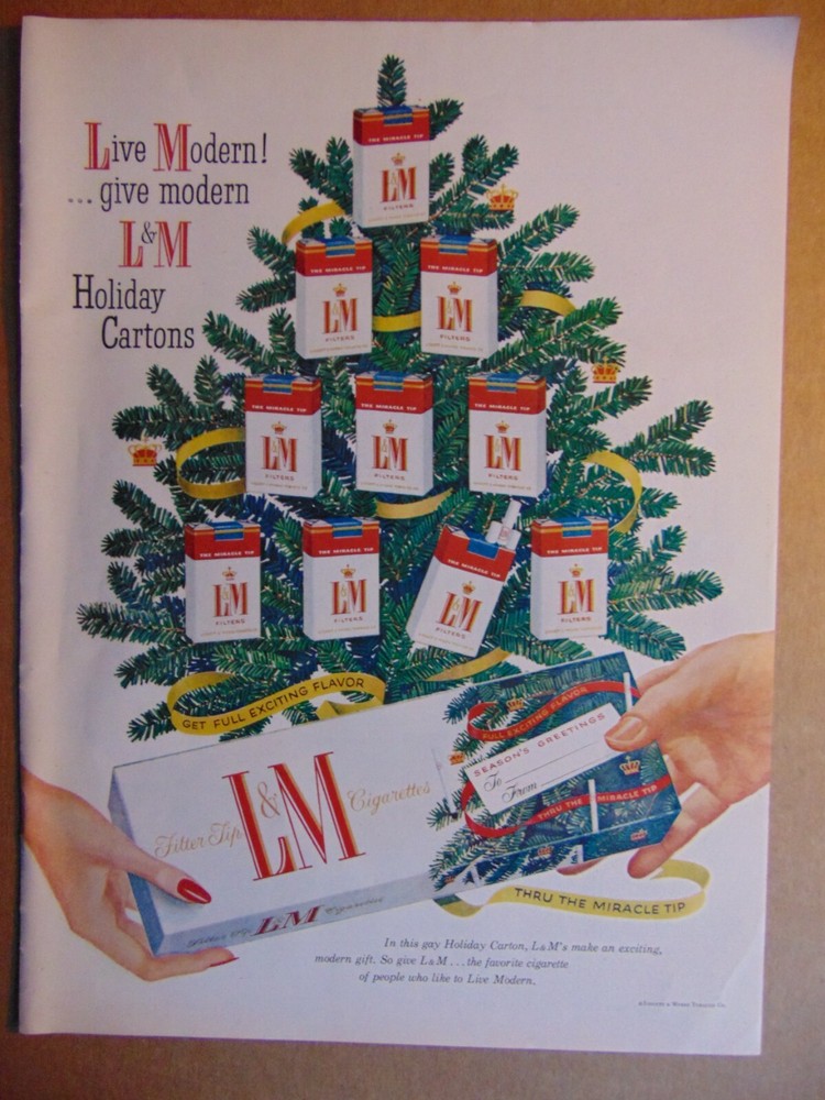 1956 L&M cigarettes on christmas tree Holiday Gift vintage art print ad