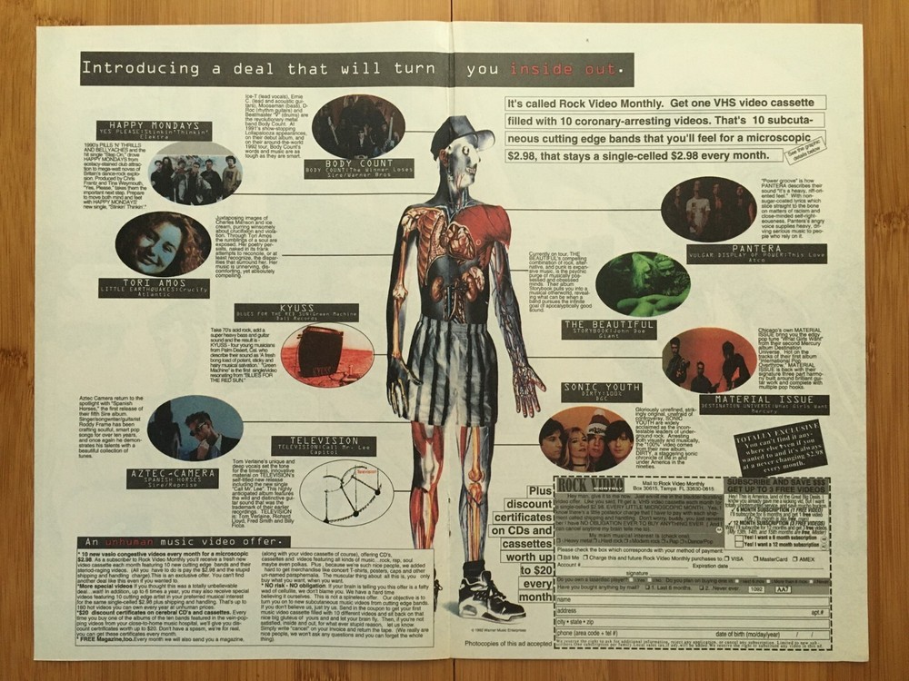 1992 Rock Video Monthly Print Ad/Poster Tori Amos Sonic Youth Music VHS Tape Art