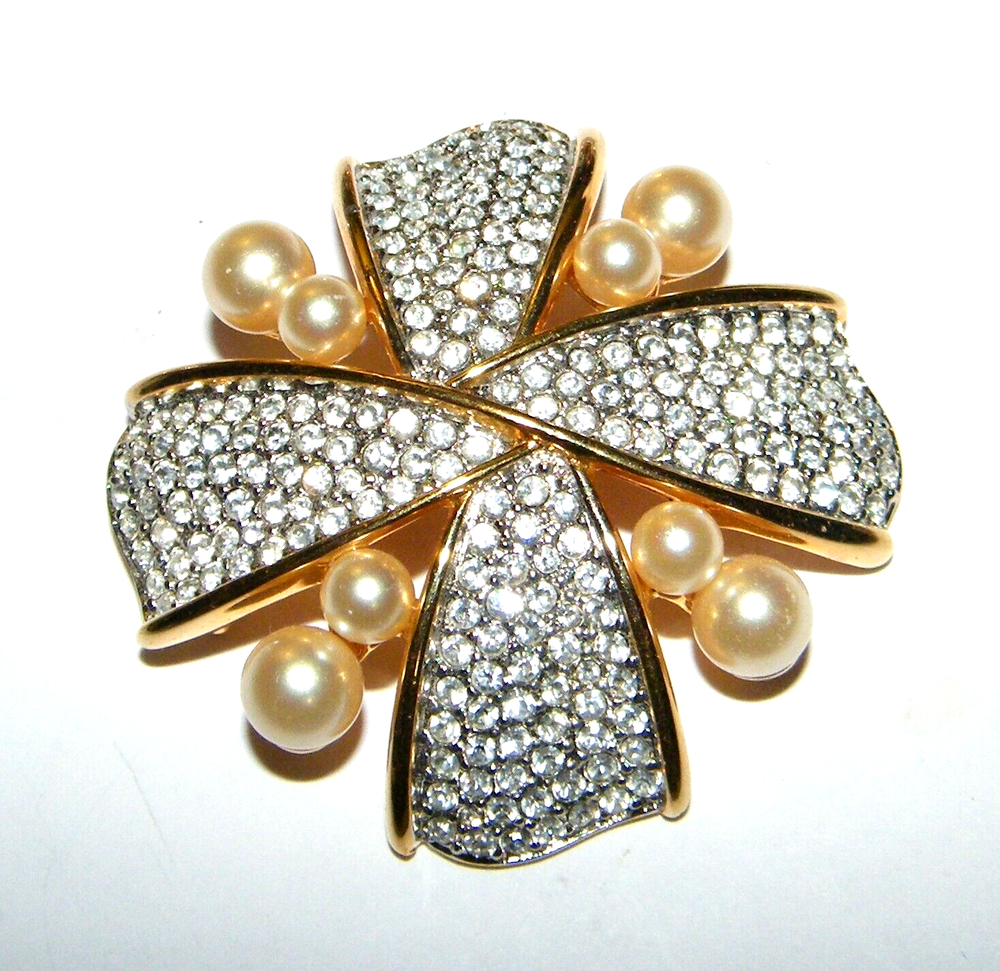 Vintage Retired Swarovski Swan Faux Pearl and Pave Crystal Brooch Pin