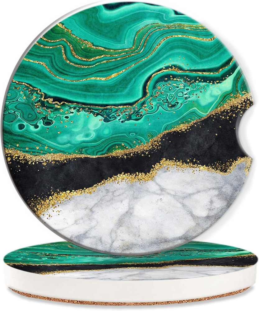 Blue Black Gold Marble Car Coasters for Women 2 Pack,Abstract Absorbent Car Coas