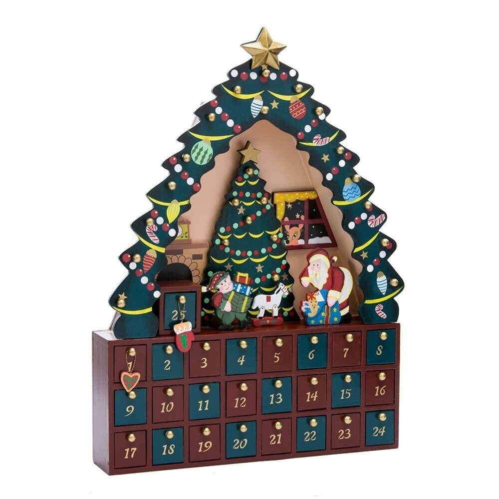 Santa Delivering Presents Under Christmas Tree Wood Advent Calendar 16 Inch New