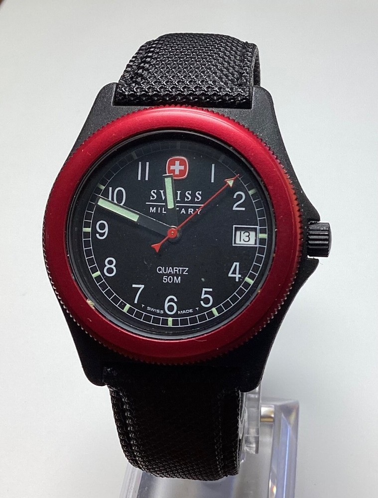Swiss Military Watch Red Black WR 5ATM Date Swiss Made New Battery!