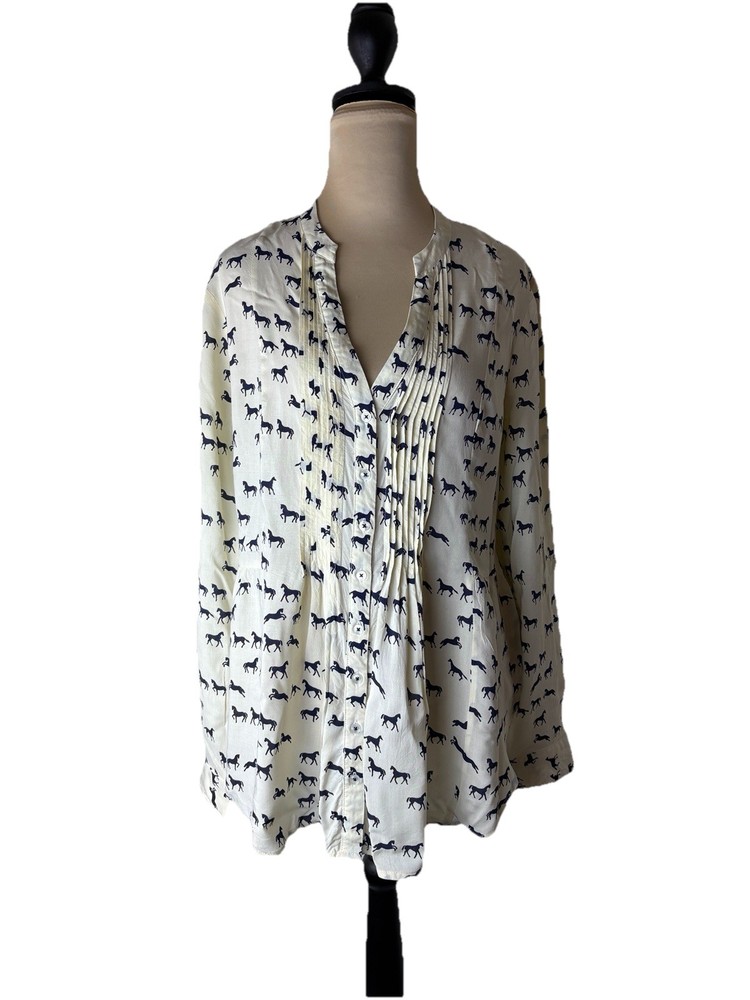 Maeve Womens Tunic Blouse White  Roll Tab Sleeves Horse Print Equestrian 14