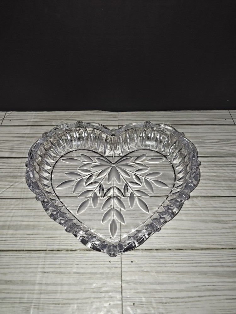 Vintage Etched Cut Glass Heart Shaped Bowl for Candy or Decor