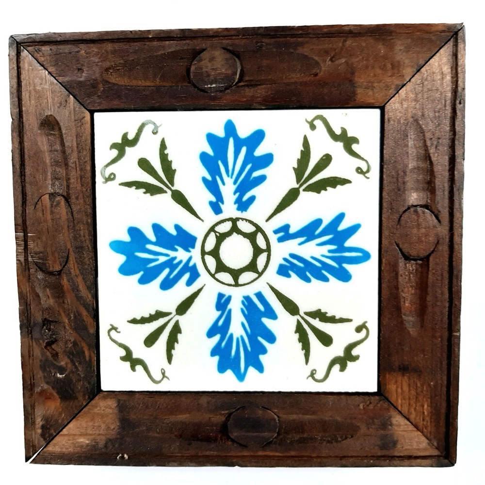 Orion Tile Trivet Square Blue White & Olive Green  Wood Frame Monterey Mexico