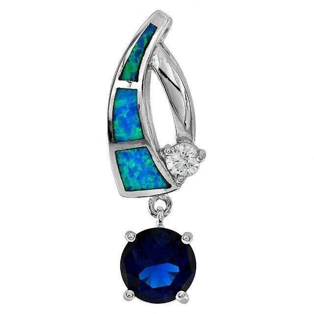 2CT Treated Sapphire & Australian Opal Inlay 925 Solid Sterling Silver Pendant