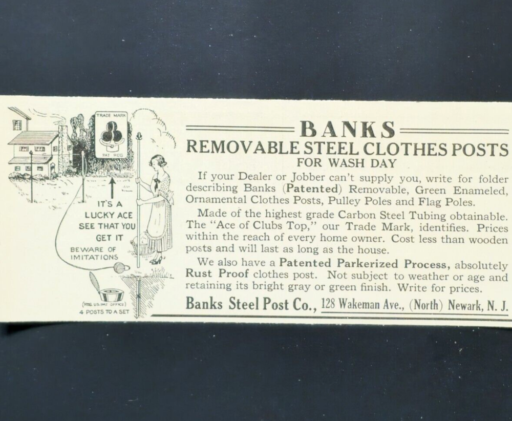 1927 Banks Steel Clothes Posts - Rust Proof Laundry Line Newark NJ Vtg Print Ad