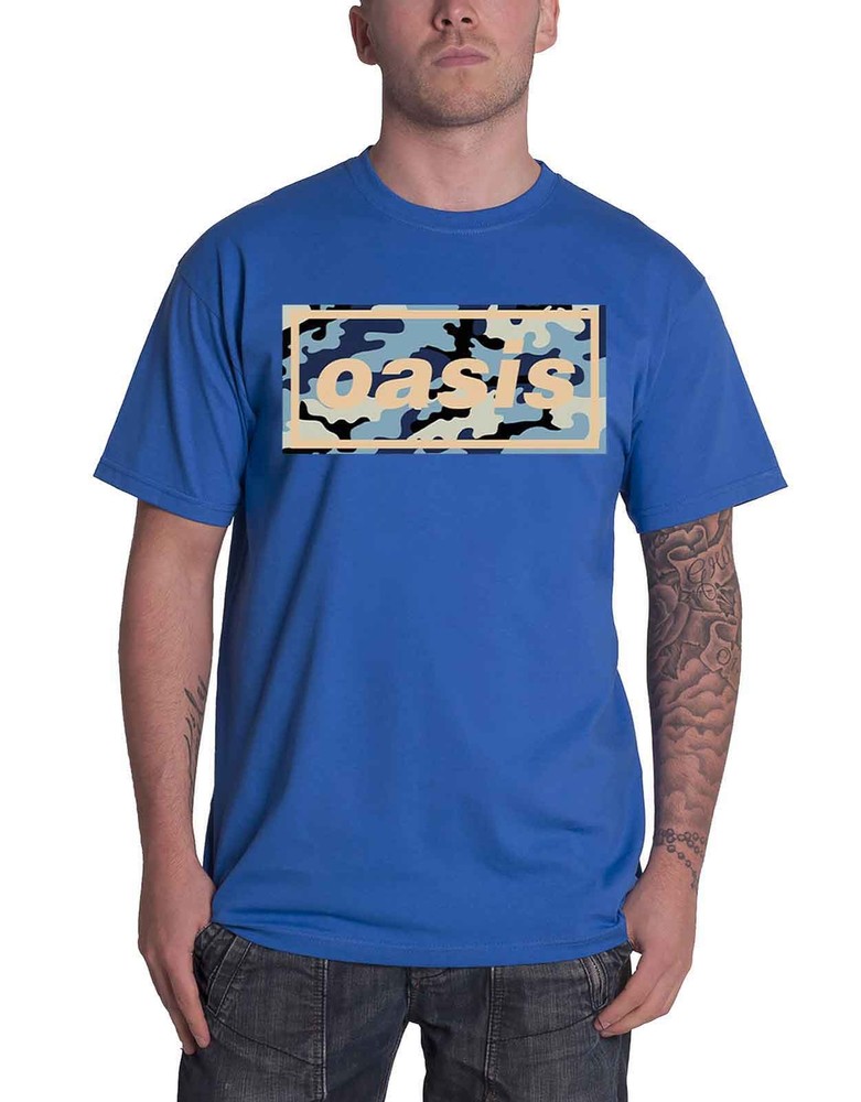 Oasis Camo Band Logo Official Mens T-Shirt in Blue – New Design for Stylish Comfort