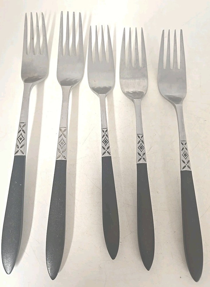 Vintage Ekco Eterna 2 Dinner Forks 3 Salad Forks Wood Handle MCM Retro Mid Century