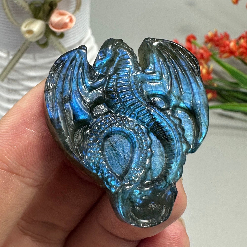Natural Labradorite Dragon Carved Quartz Skull Crystal Healing Specimen 1PC