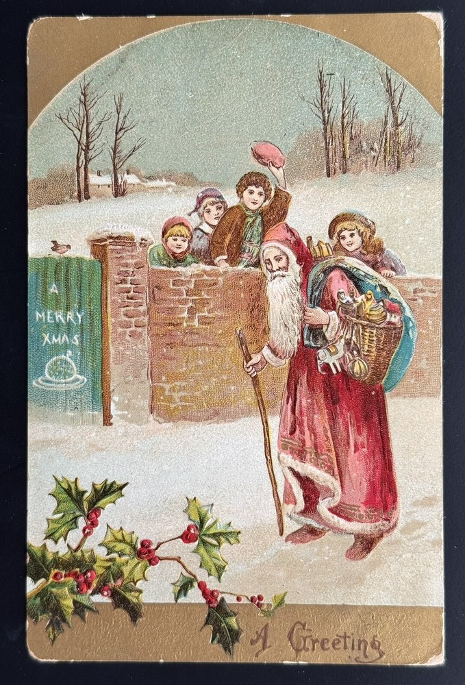 Postcard A Merry Xmas Greeting Old World Santa Children Wall Gate Gold 2045