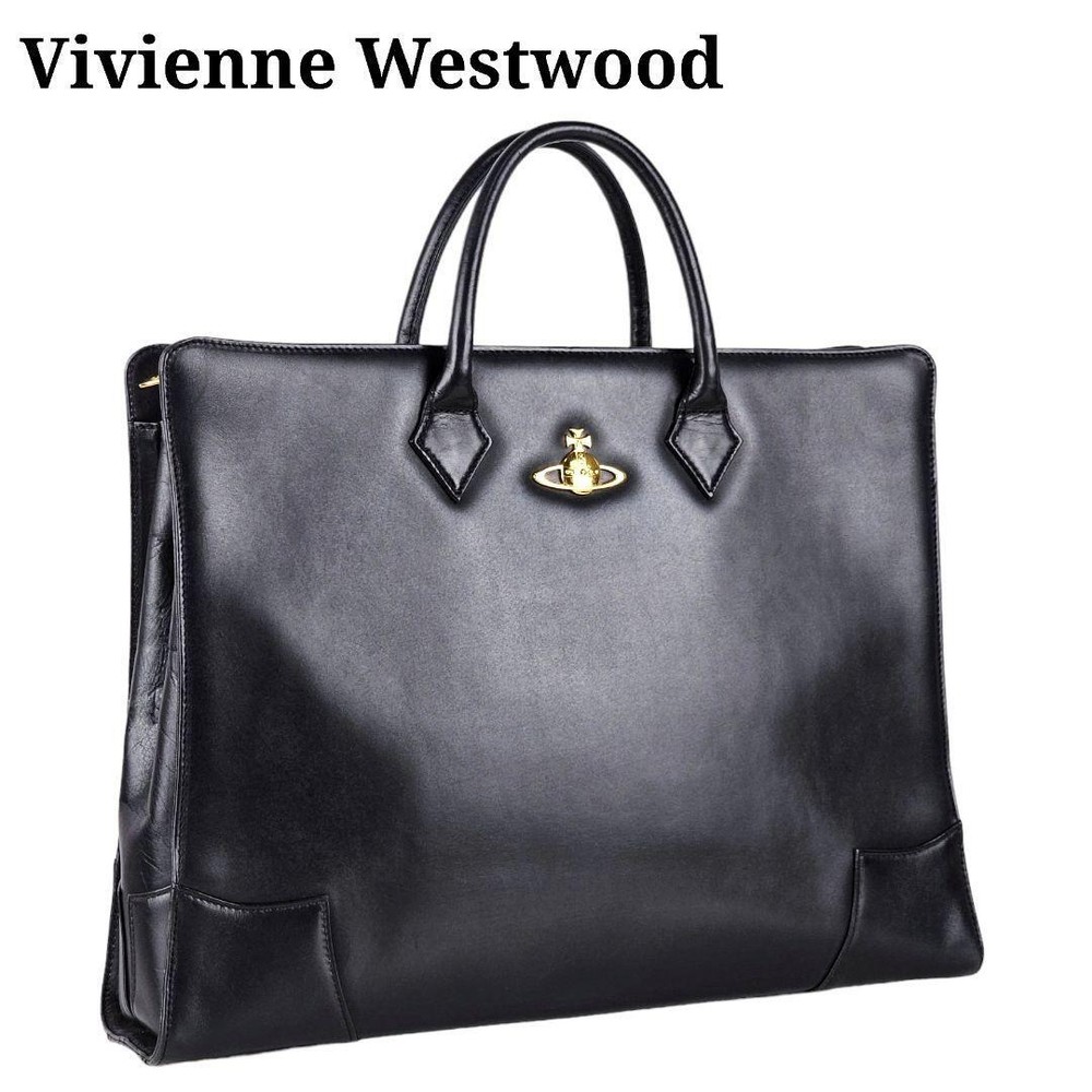 Vivienne Westwood Leather Business Bag Black Leather Gold Orb FS Japan Unisex