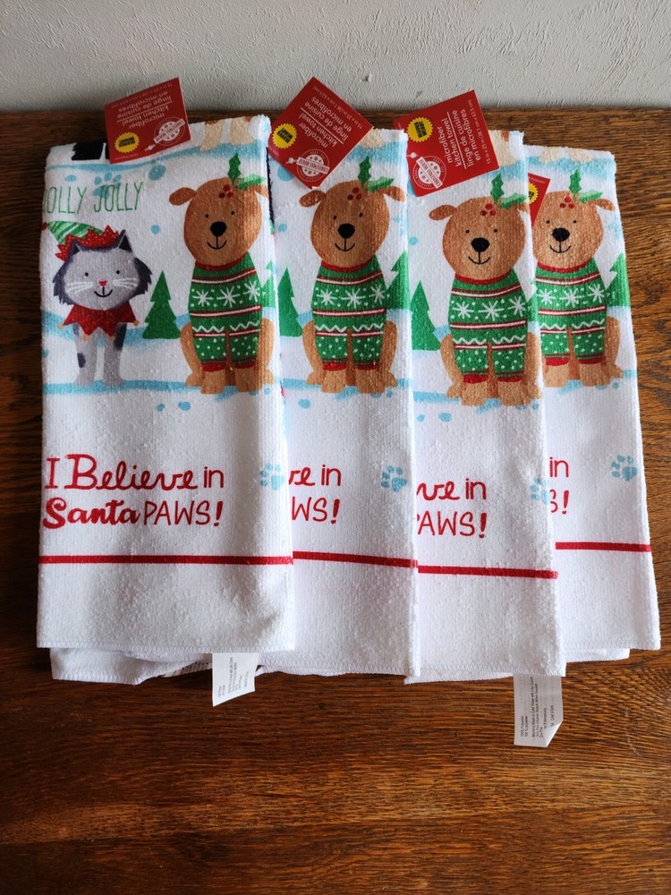 NWT Set of 4 Santa Paws Holiday Kitchen Towels Microfiber Animal Print