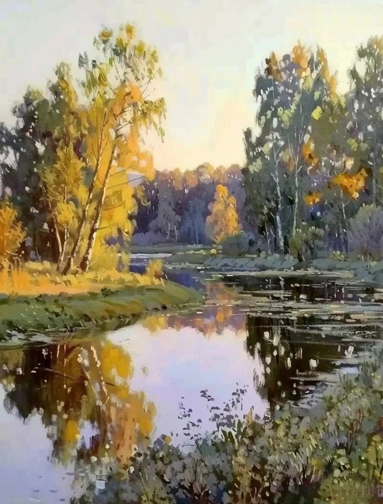 Autumn Forest And River Trees Painting Unframed Canvas Print Australian Wall Art