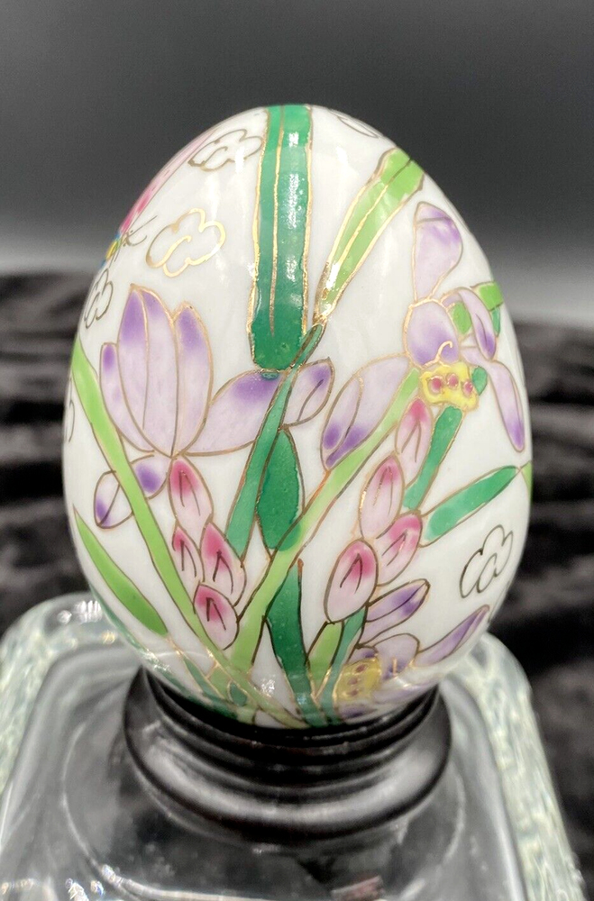 Vintage Japanese Hand-Painted Porcelain Egg, Purple Irises, w/wood stand
