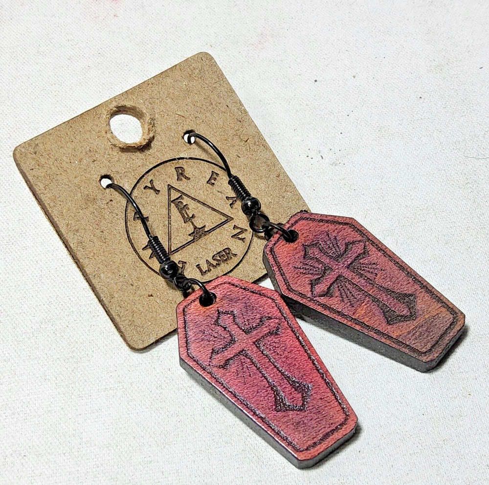 Laser engraved cut crucifix earrings hallowen custom art horror fashion coffin